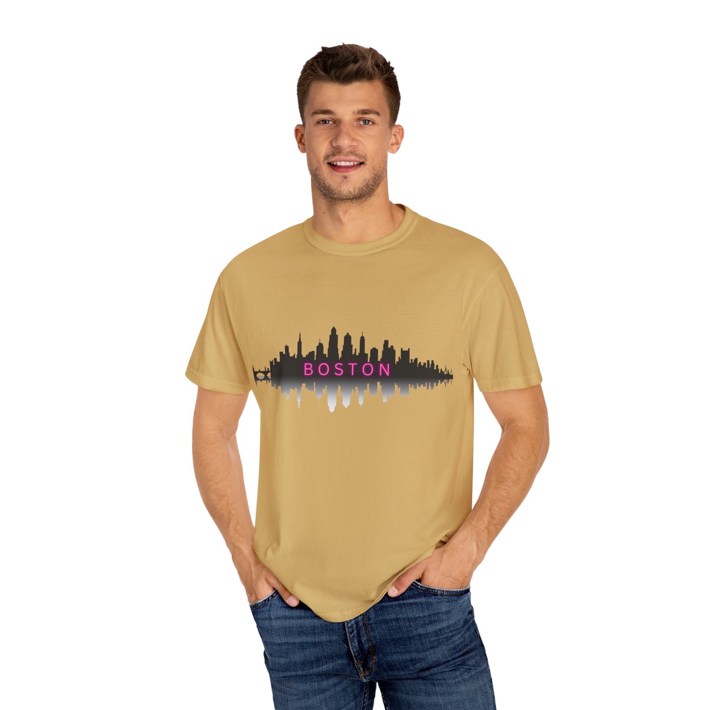 “Boston Nights Skyline Tee – Bold. Urban. Reflective.”