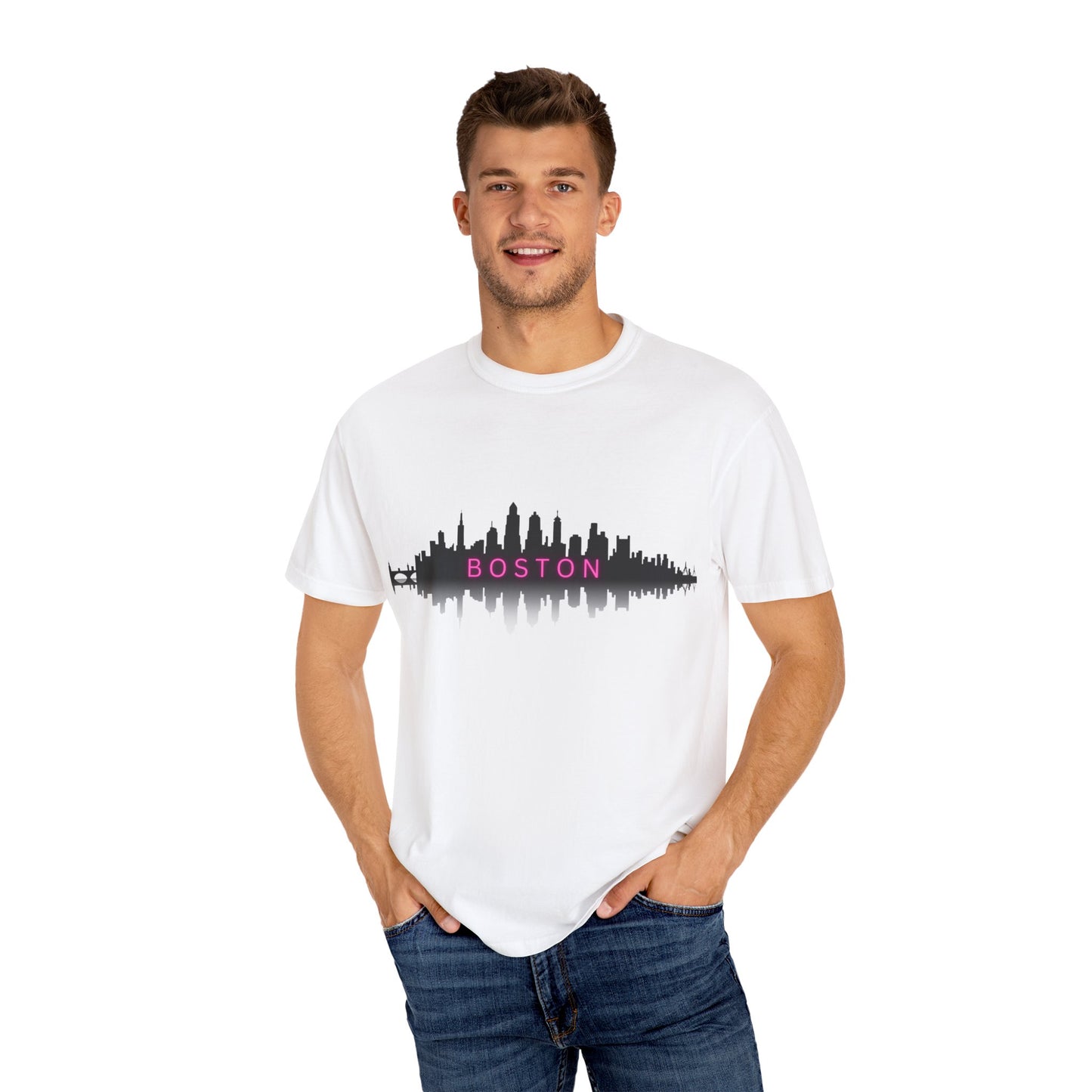 “Boston Nights Skyline Tee – Bold. Urban. Reflective.”