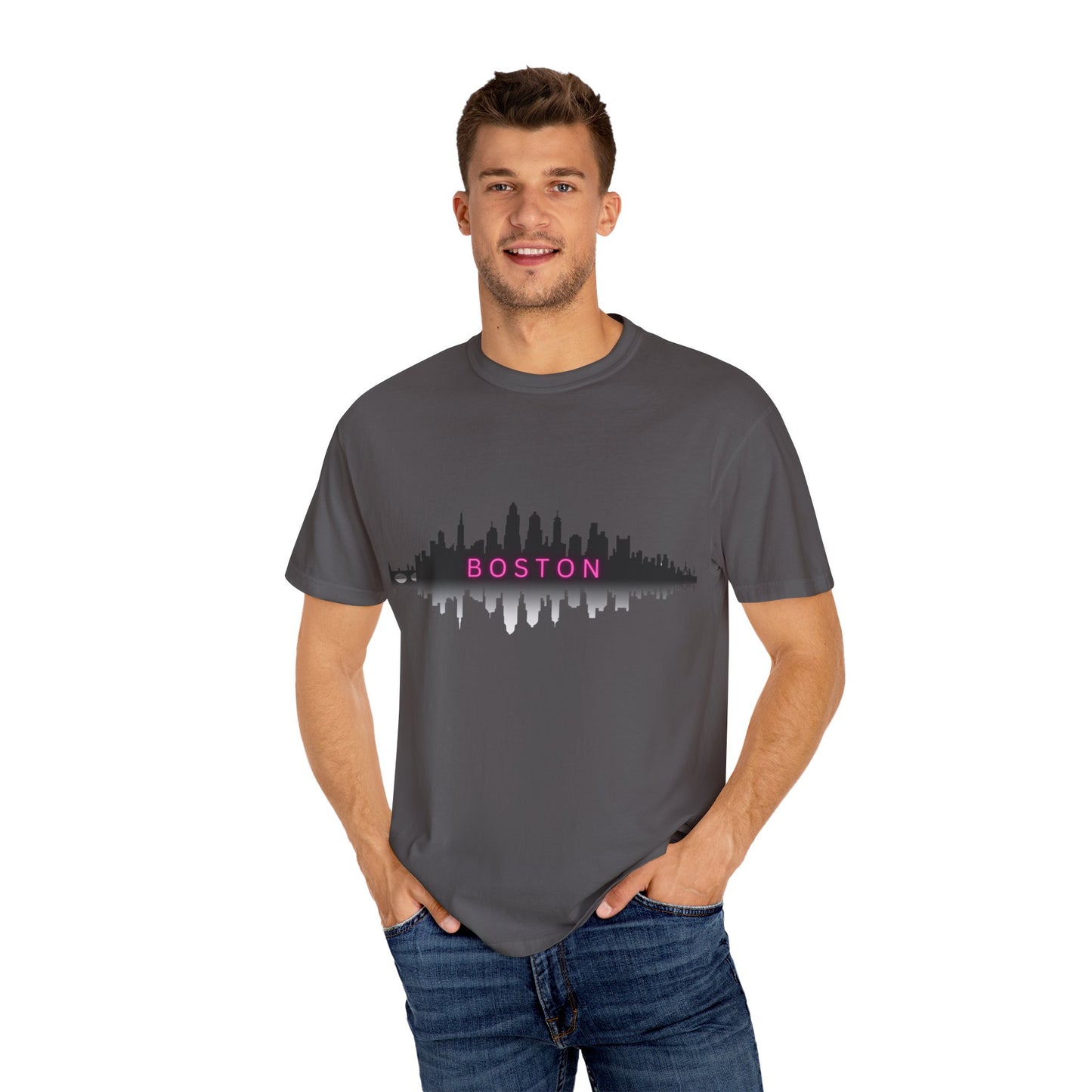“Boston Nights Skyline Tee – Bold. Urban. Reflective.”