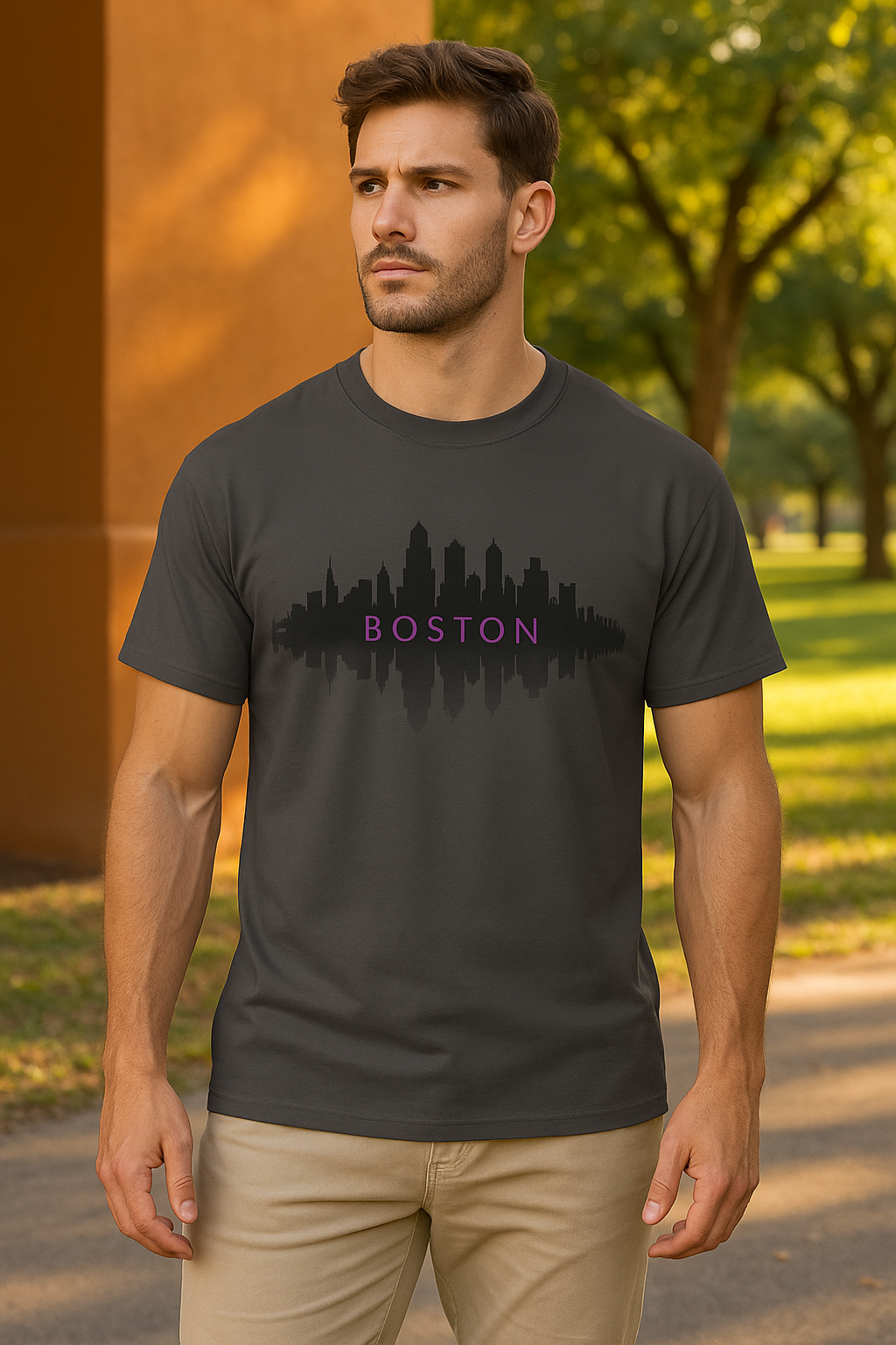 “Boston Nights Skyline Tee – Bold. Urban. Reflective.”