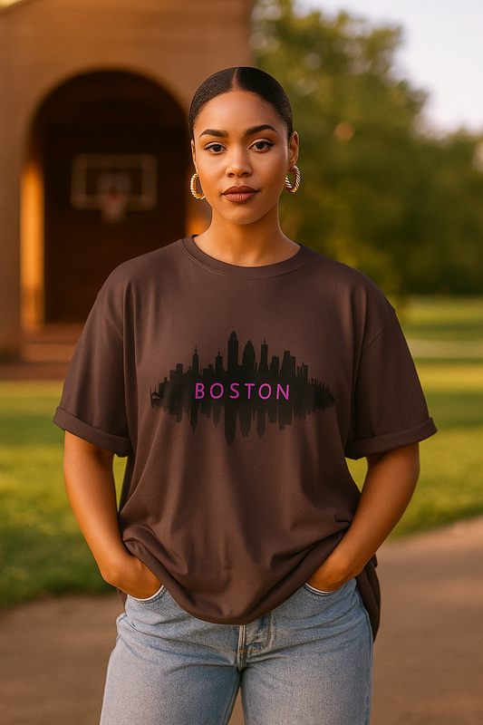 “Boston Nights Skyline Tee – Bold. Urban. Reflective.”