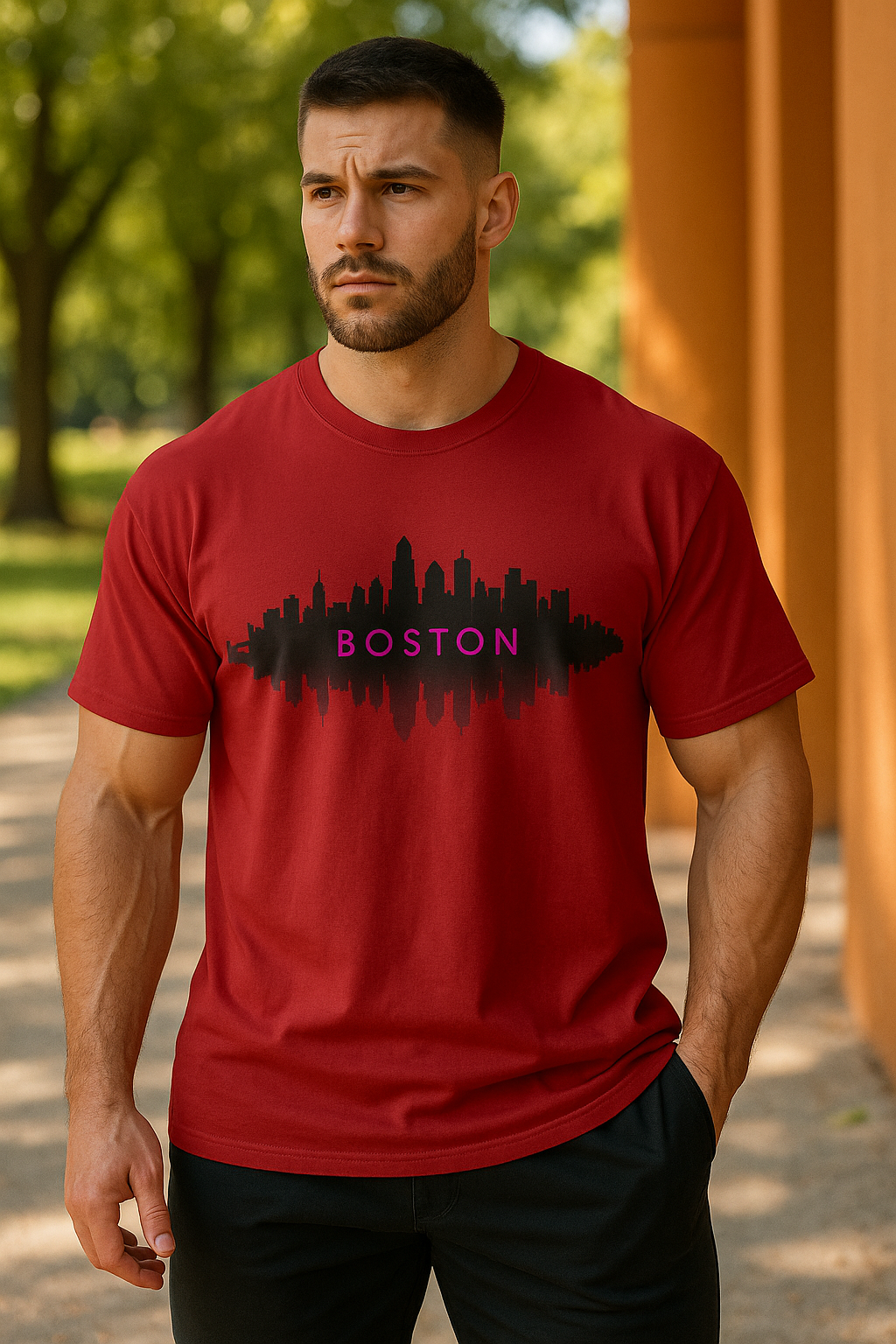 “Boston Nights Skyline Tee – Bold. Urban. Reflective.”